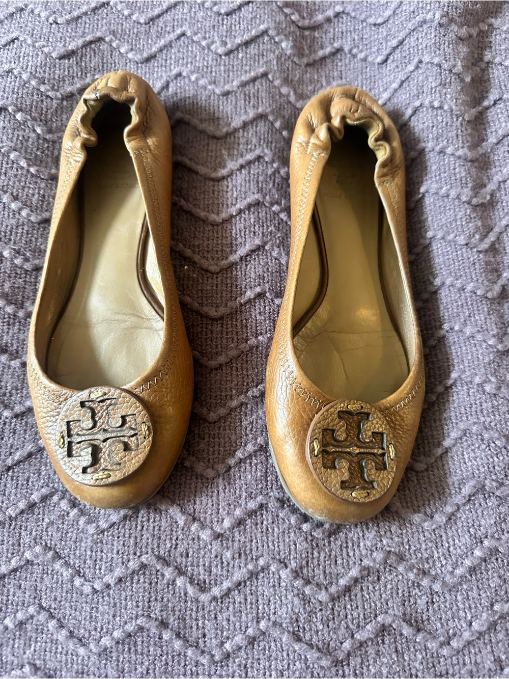 Tory Burch Cognac Leather Travel Ballet Flats with Logo Medallion
